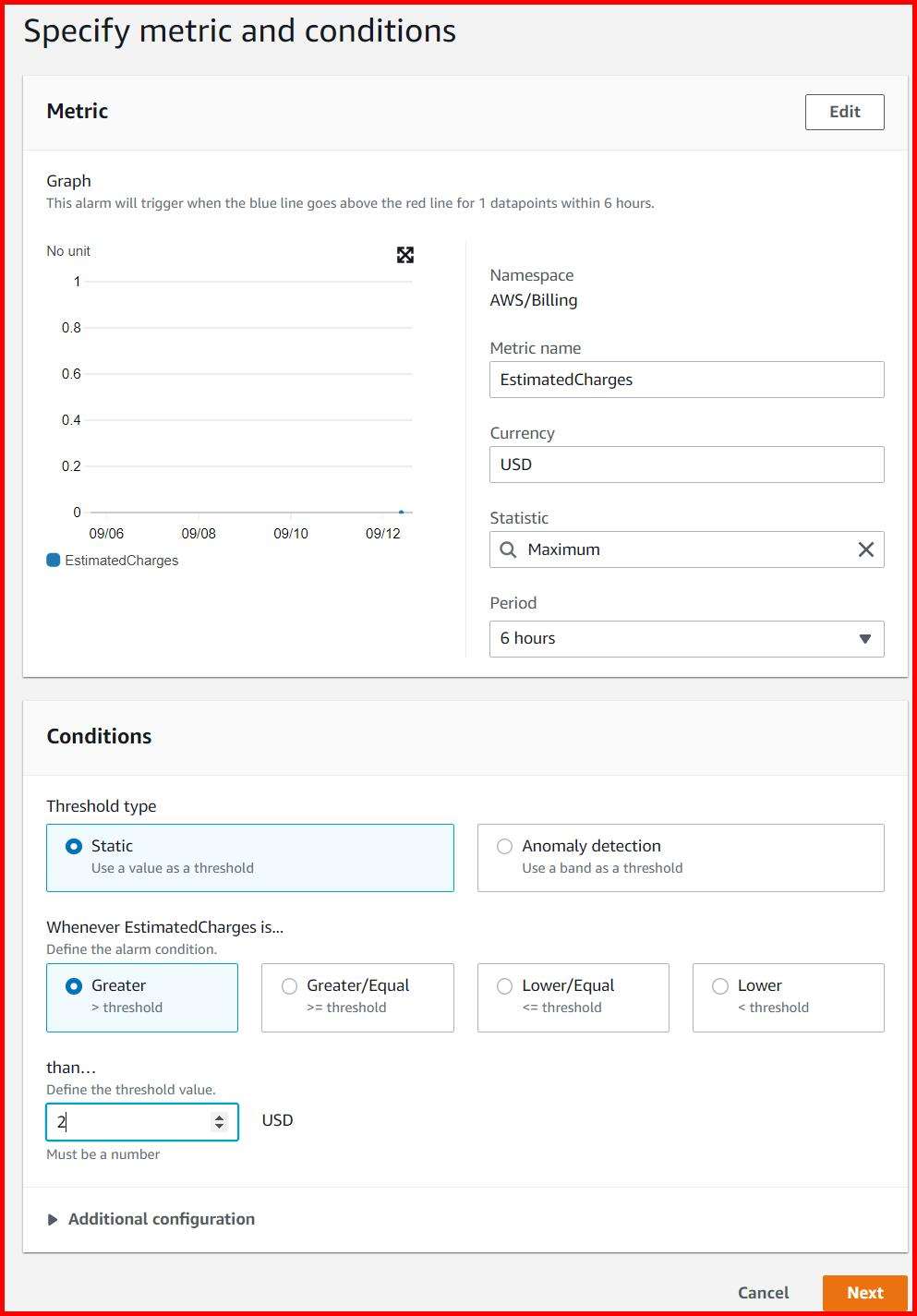 Picture showing a screen to set the threshold value of the selected metrics